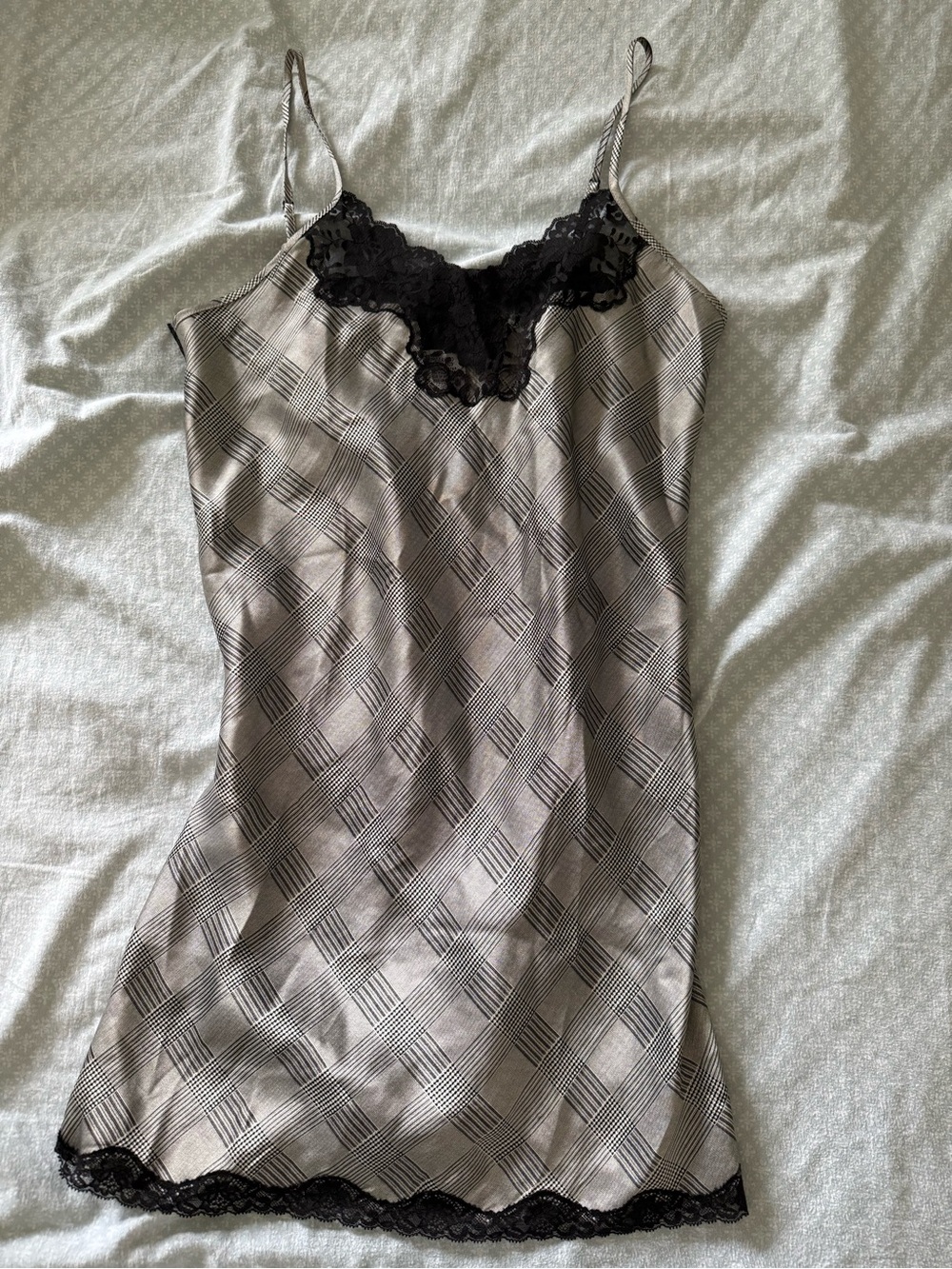 Silk Black Lace Trim Slip Gray Plaid